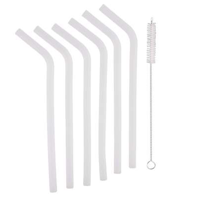 Amazon Hot Sale 6pcs clear white silicone straw sets with straw cleaning brush